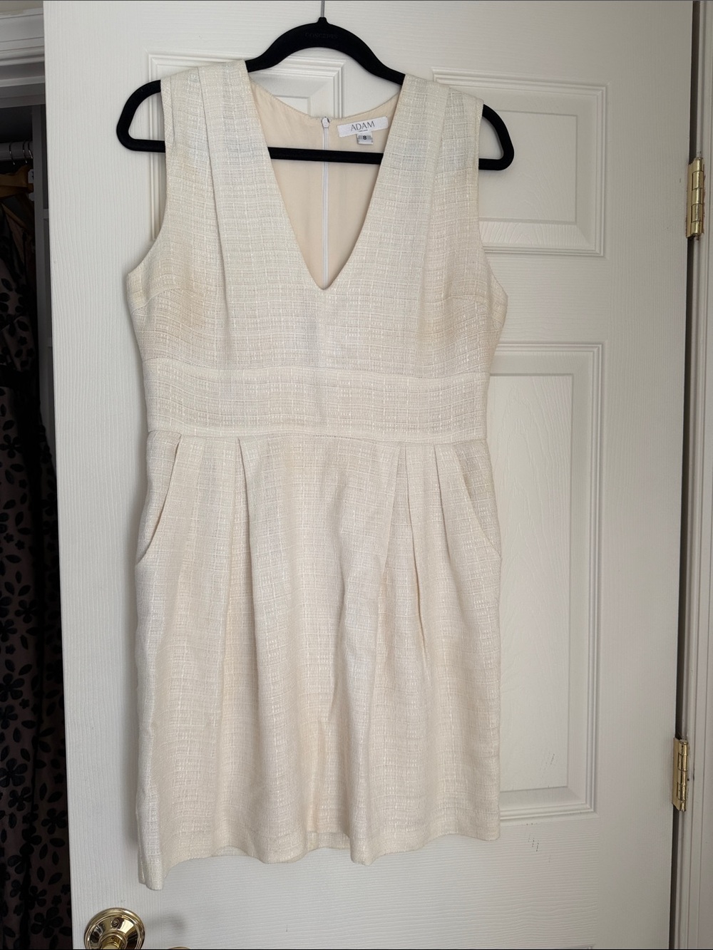 Adam Cream Textured V-Neck Sleeveless Dress